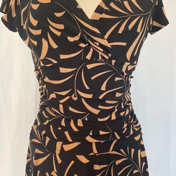 Midi Dress Size 12 Black Tan Faux Wrap V neck Stretch A Line Short Sleeve Y2K - Picture 4 of 14
